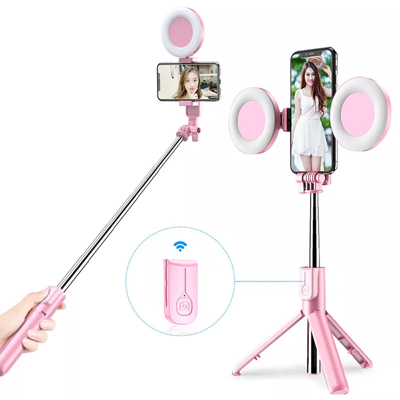 Alles-in-één selfiestick-statief | Dubbele dimbare vullichten en verzwaarde basis