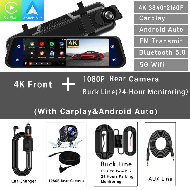 12" 4K Mirror Dash Cam | Front & Rear Dual View with Supercapacitor