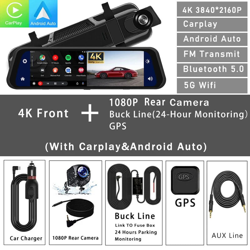 12" 4K Mirror Dash Cam | Front & Rear Dual View with Supercapacitor