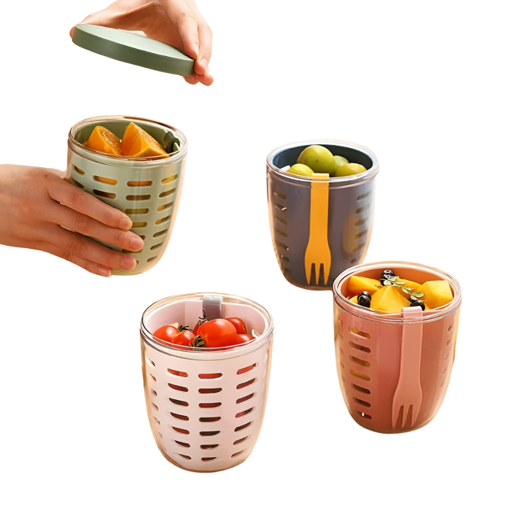 Draagbare Fruit- & Saladebeker van 600 ml | Lekvrije Beker met Ingebouwde Vork