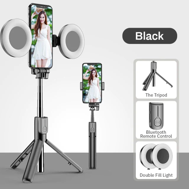 Alles-in-één selfiestick-statief | Dubbele dimbare vullichten en verzwaarde basis