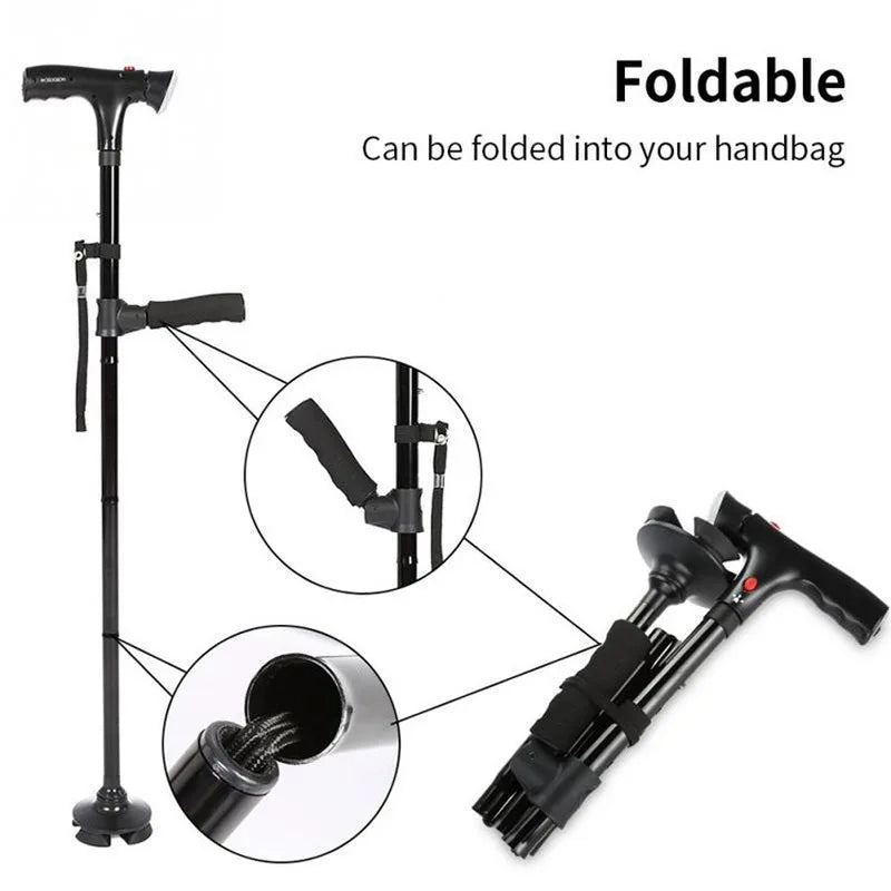 3-in-1 Telescopische Opvouwbare Stok | LED Veiligheidslicht & Noodalarm