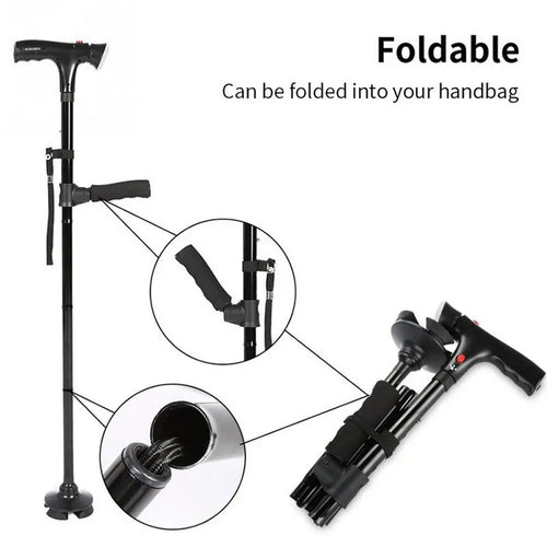 3-in-1 Telescopische Opvouwbare Stok | LED Veiligheidslicht & Noodalarm