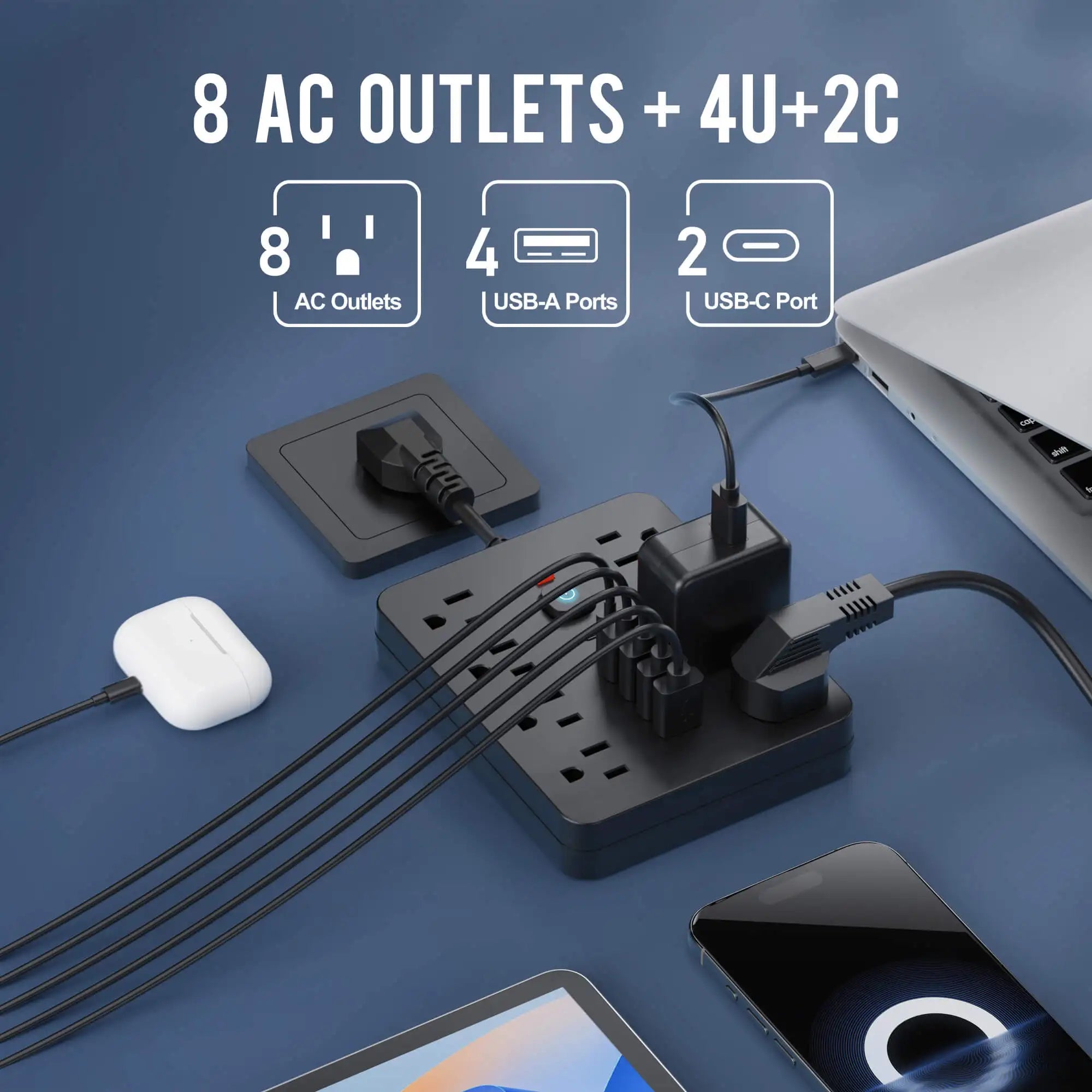 14-in-1 Slimme Stekkerdoos en Overspanningsbeveiliging | Platte Stekker en USB-C Snel opladen