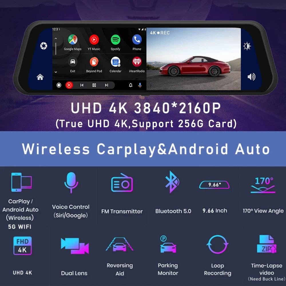 12" 4K Spiegel Dashcam | Voor- & Achterzicht Dual View met Supercondensator