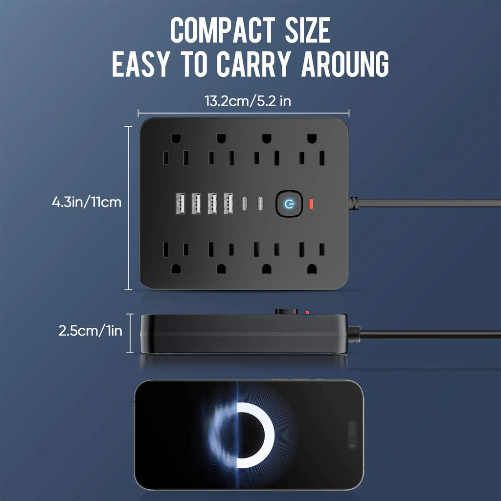 14-in-1 Slimme Stekkerdoos en Overspanningsbeveiliging | Platte Stekker en USB-C Snel opladen