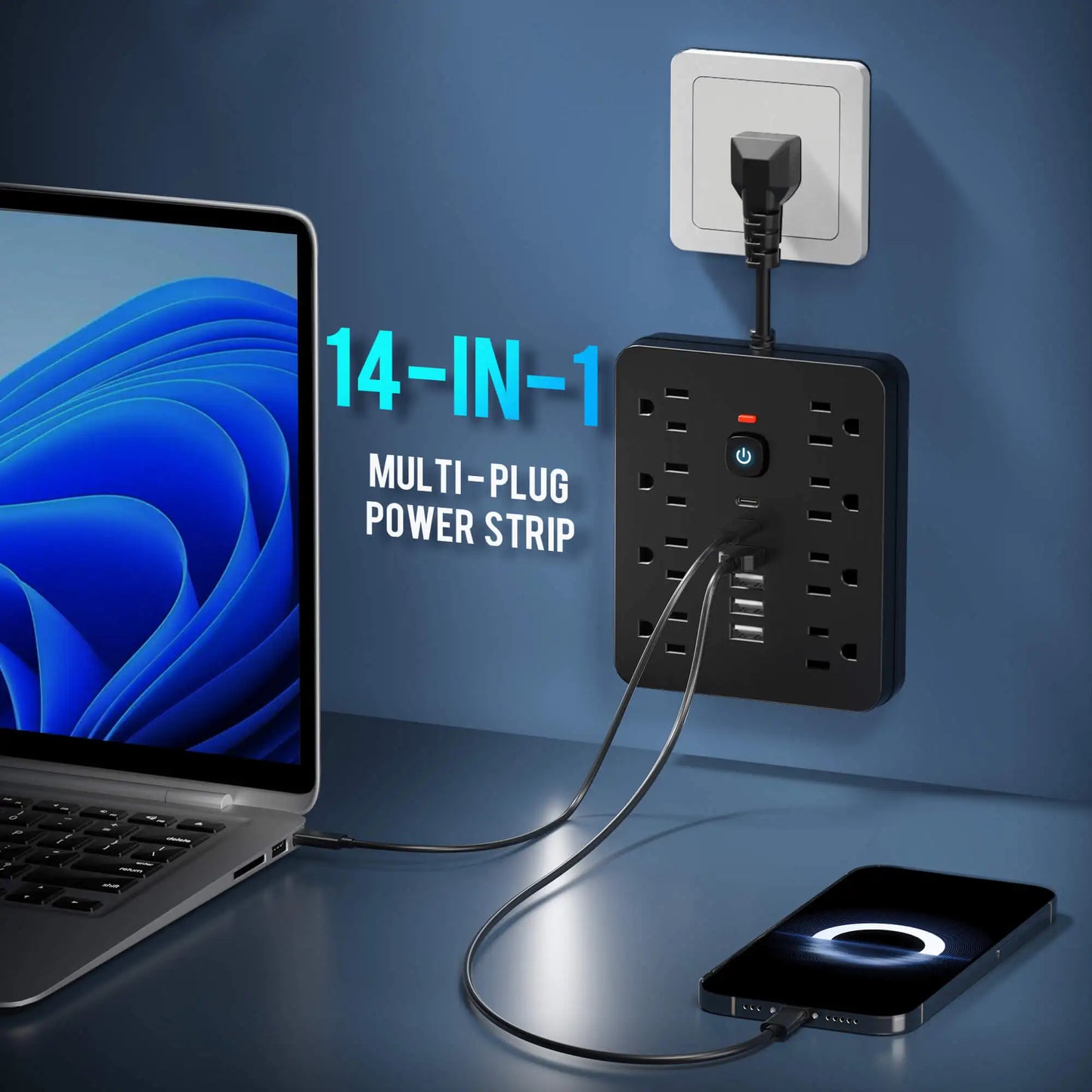 14-in-1 Smart Power Strip & Surge Protector | Flat Plug & USB-C Fast Charging