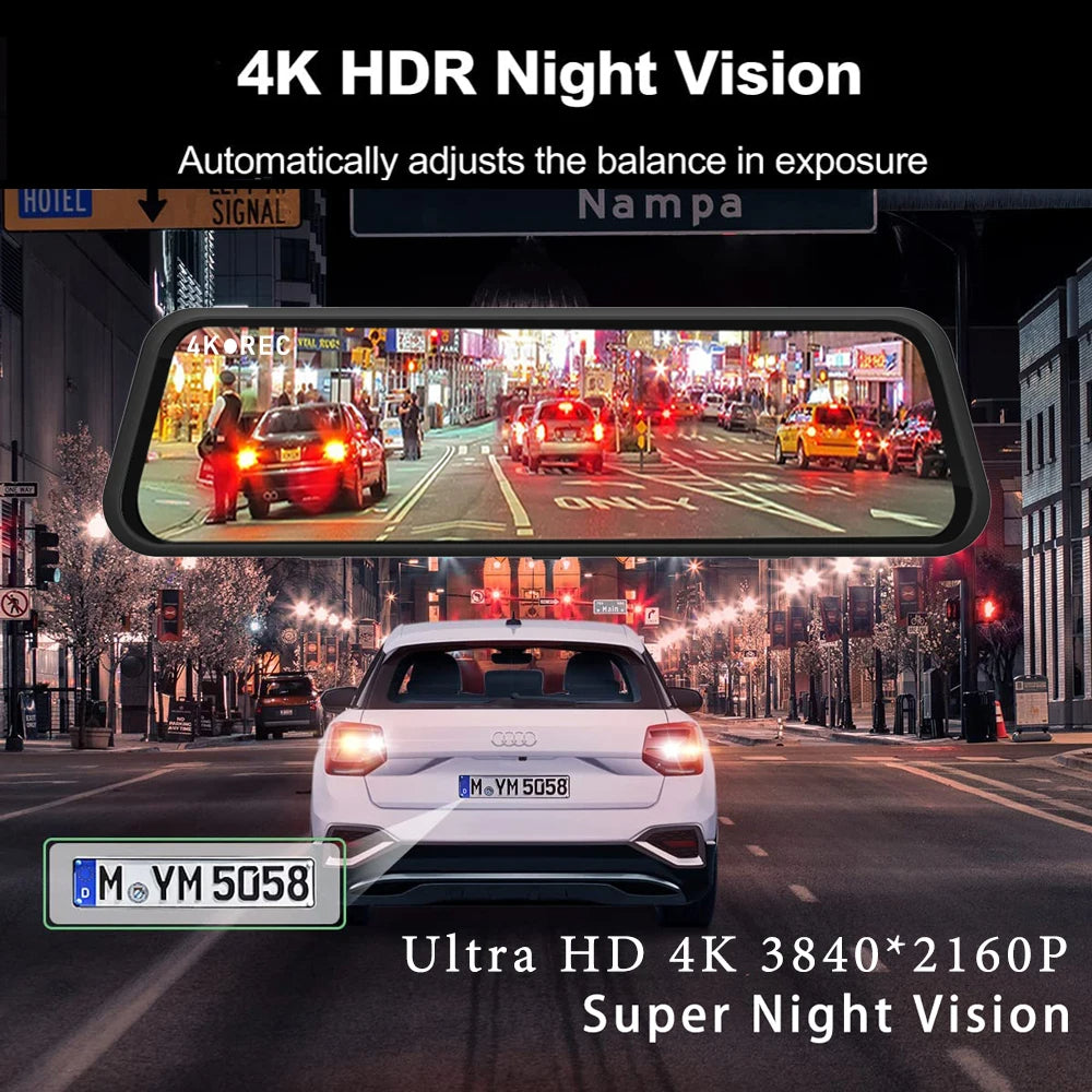 12" 4K Spiegel Dashcam | Voor- & Achterzicht Dual View met Supercondensator