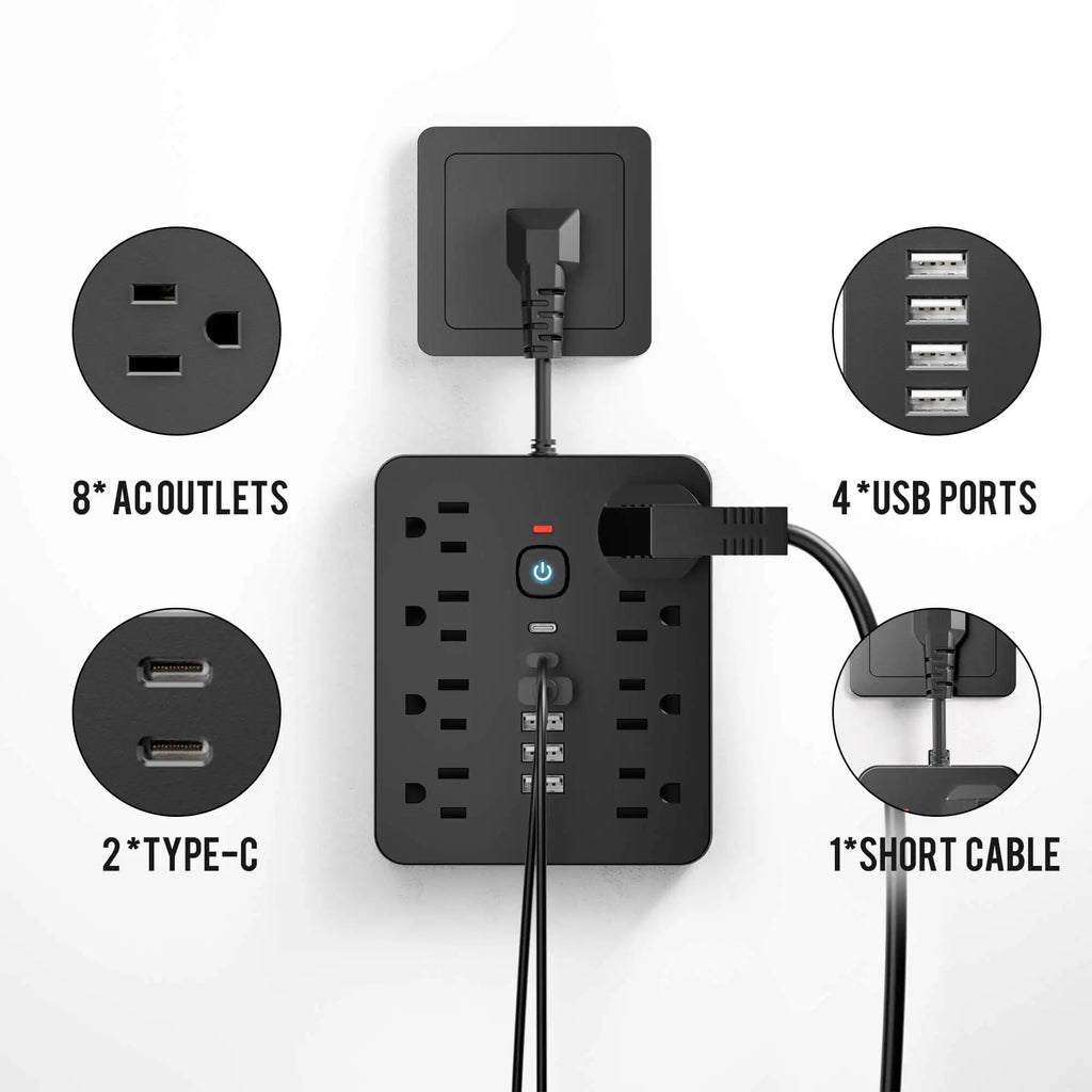 14-in-1 Slimme Stekkerdoos en Overspanningsbeveiliging | Platte Stekker en USB-C Snel opladen