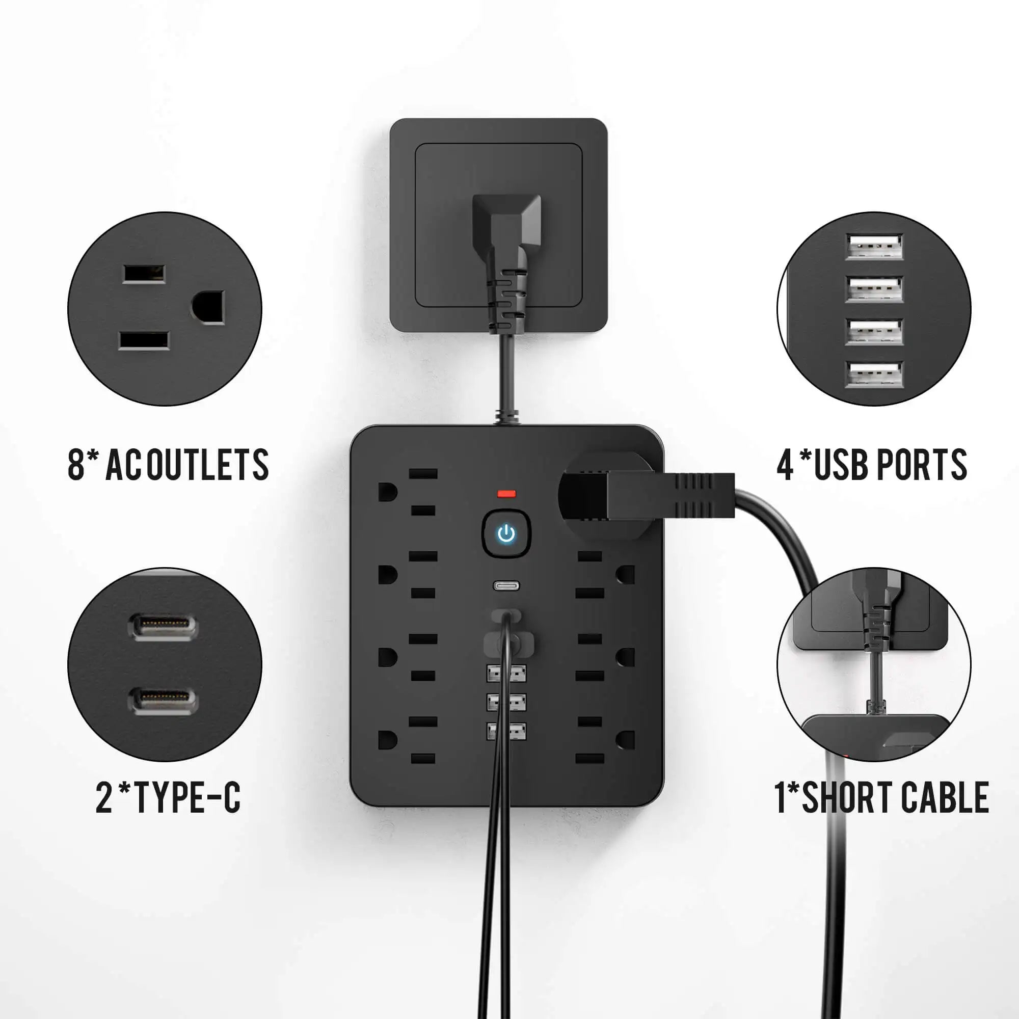 14-in-1 Slimme Stekkerdoos en Overspanningsbeveiliging | Platte Stekker en USB-C Snel opladen
