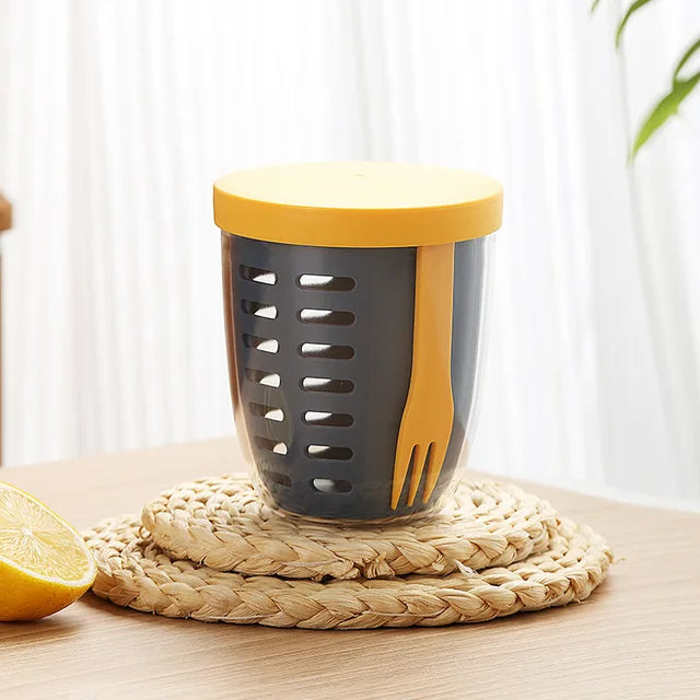 Draagbare Fruit- & Saladebeker van 600 ml | Lekvrije Beker met Ingebouwde Vork