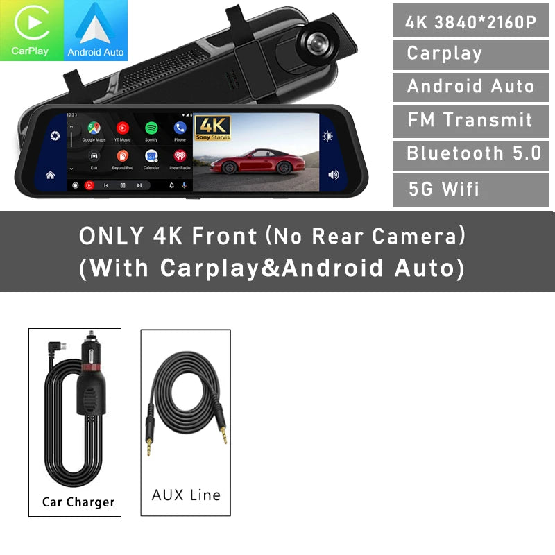 12" 4K Spiegel Dashcam | Voor- & Achterzicht Dual View met Supercondensator