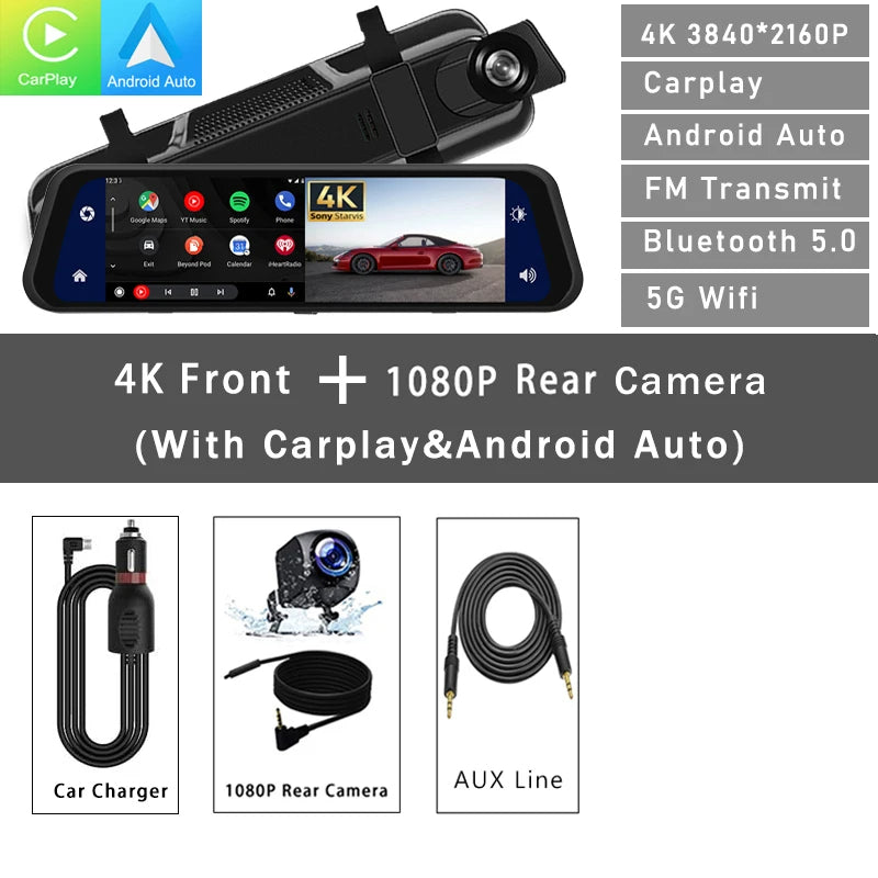 12" 4K Mirror Dash Cam | Front & Rear Dual View with Supercapacitor