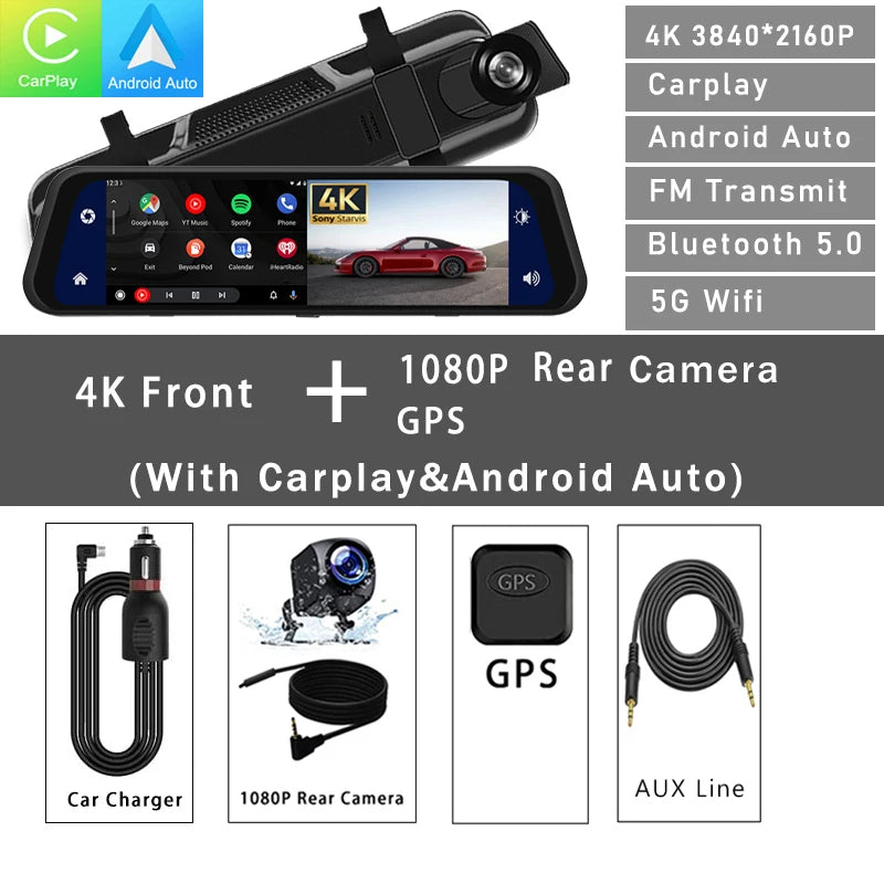 12" 4K Mirror Dash Cam | Front & Rear Dual View with Supercapacitor